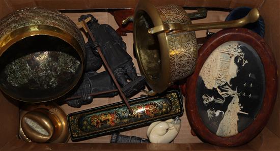 A novelty hat match striker, mother of pearl opera glasses, Russian box, snuff bottle and perfume bottle etc.